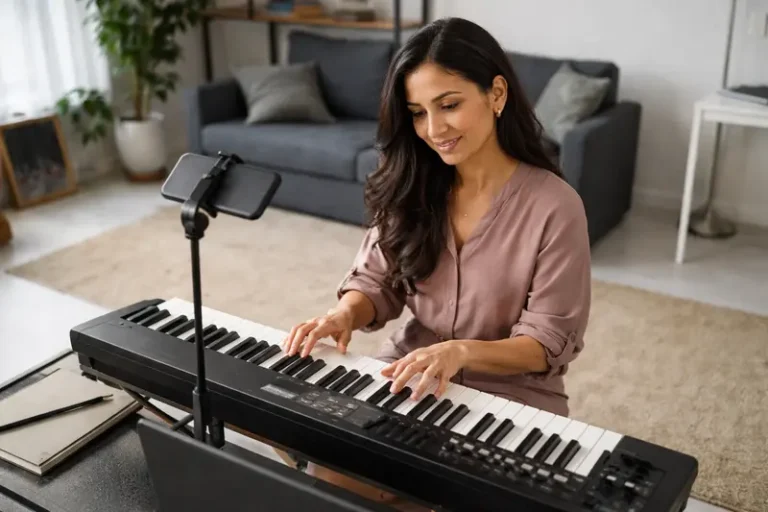 Jeune femme au cours de piano en visio