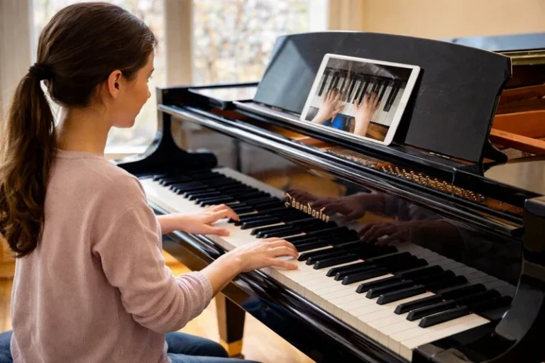 jeune fille au cours de piano en ligne
